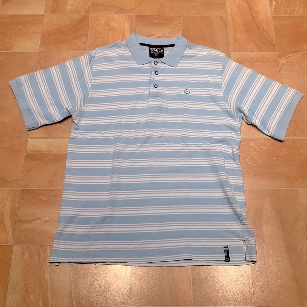 South Pole Men's Light Blue & White Striped Short Sleeve Button Down Polo Shirt